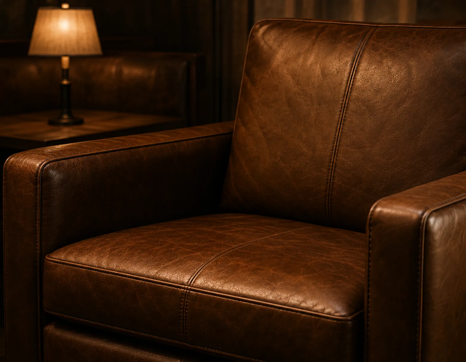 Conditioned leather armchair with an even matte finish in warm lamplight