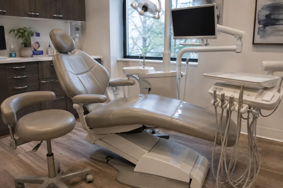 A vinyl-upholstered treatment chair in a clinical exam room
