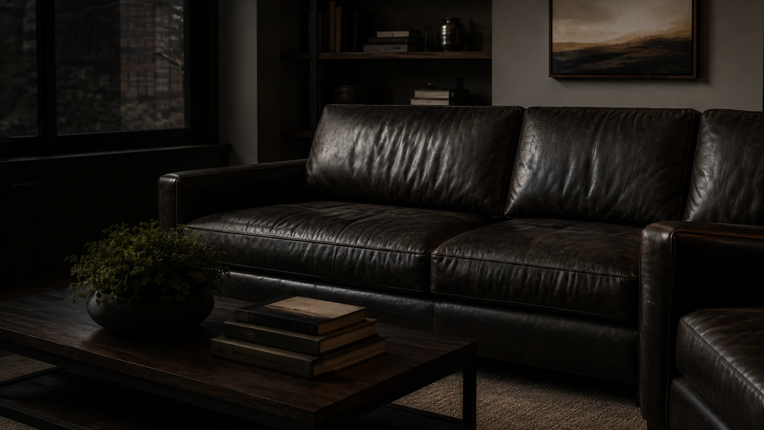 Dark brown pigmented leather sofa in raking light, the sealed topcoat holding one even color across every panel