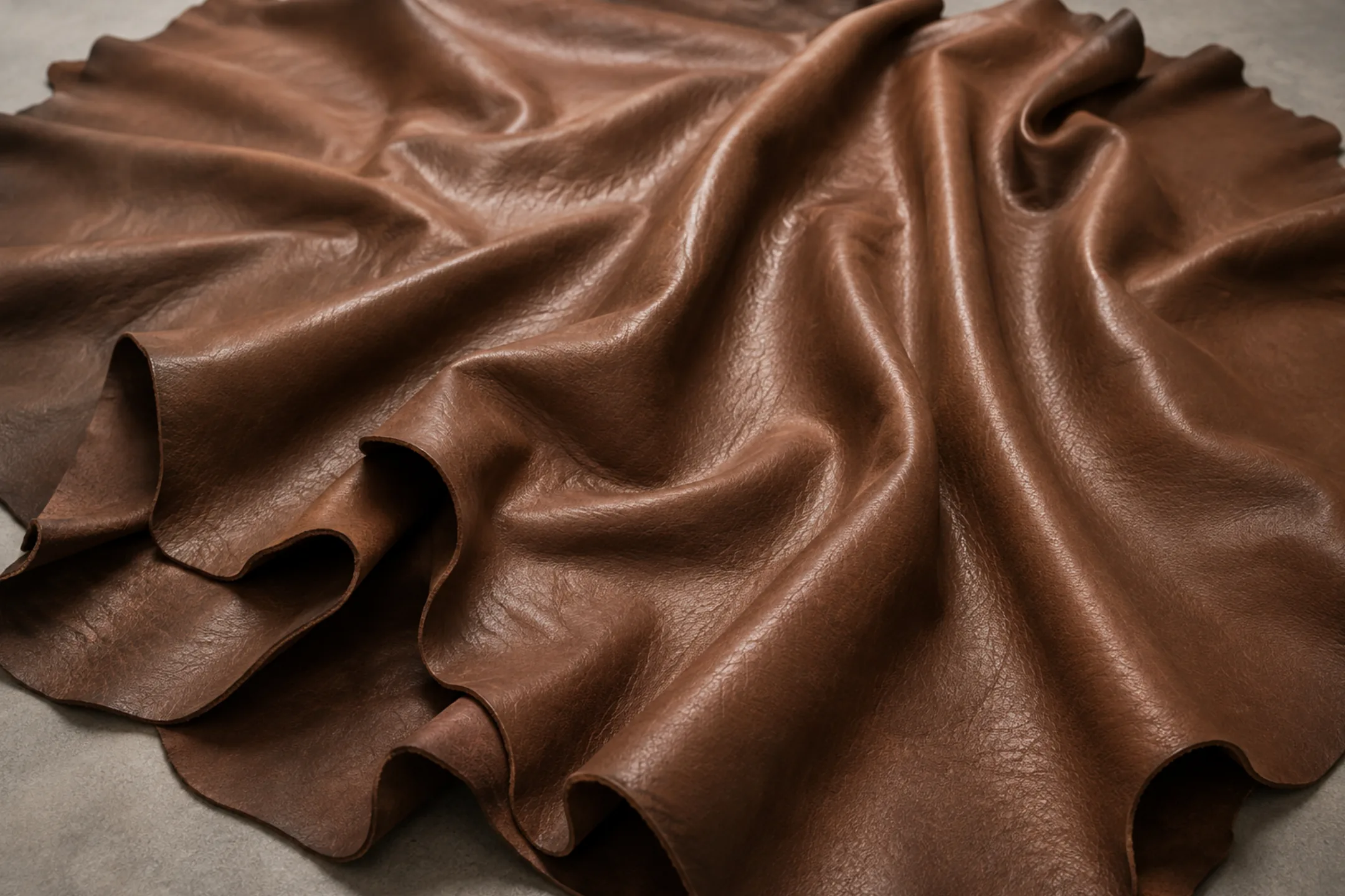 A folded brown upholstery hide showing an even, sealed surface across the grain