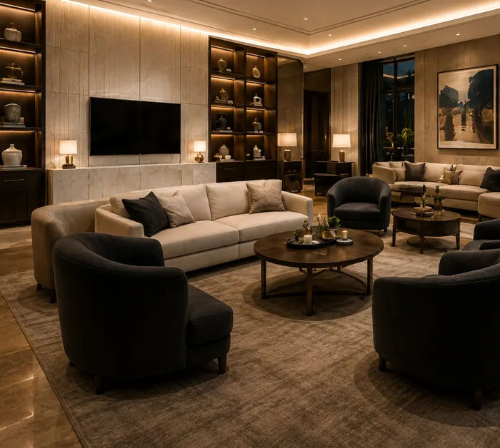 Multiple leather and fabric seating groups in a large event lounge