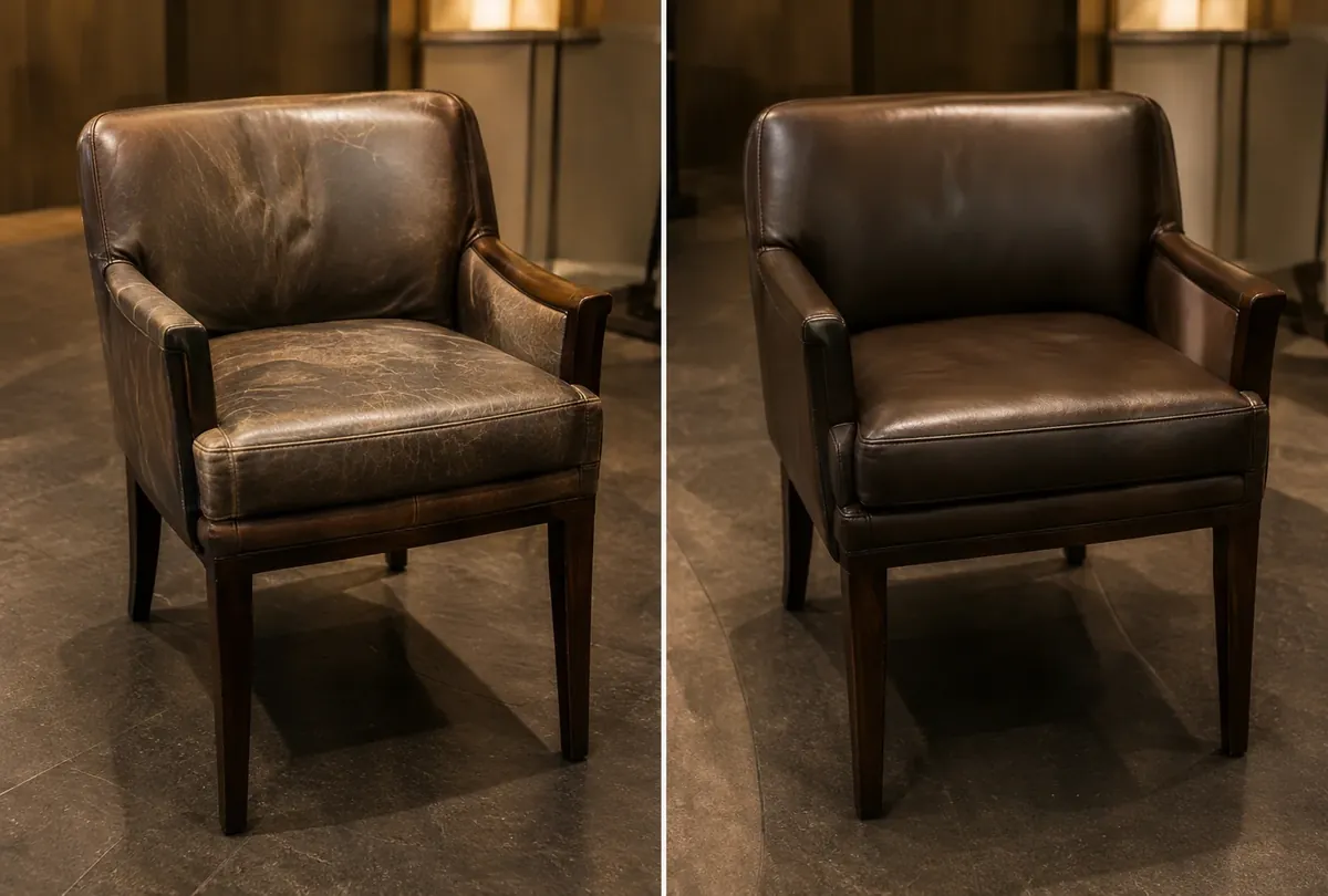 Wood-arm leather armchair with a creased pale back, beside the same chair restored to an even brown