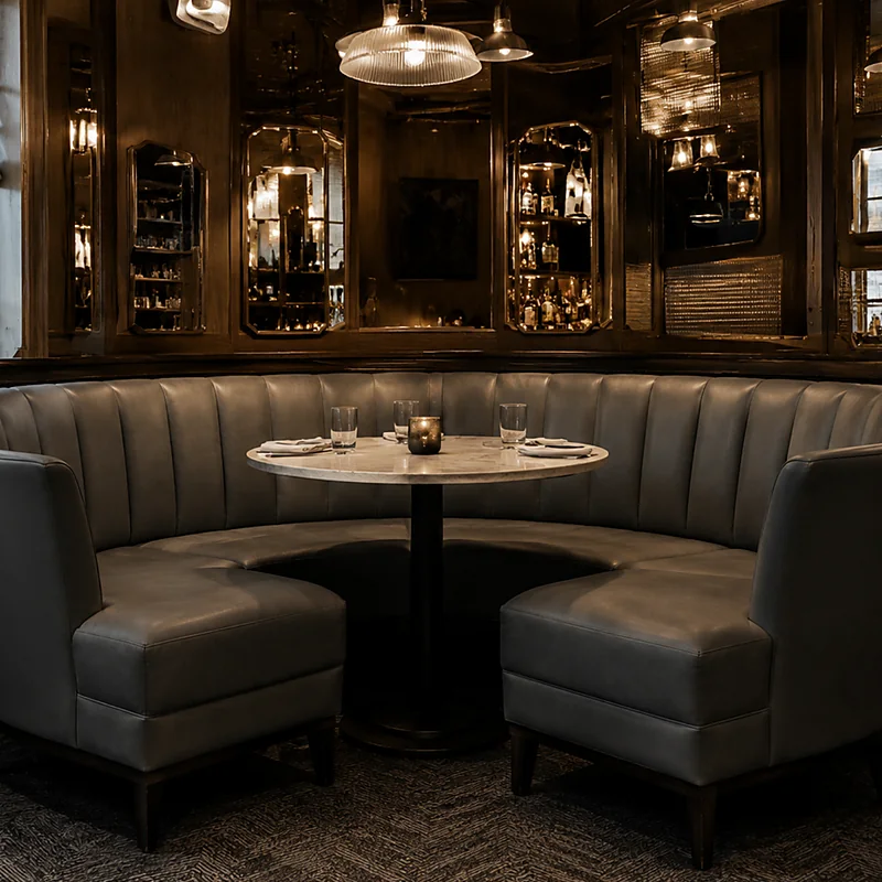 Grey leather curved banquette booth in a hotel restaurant