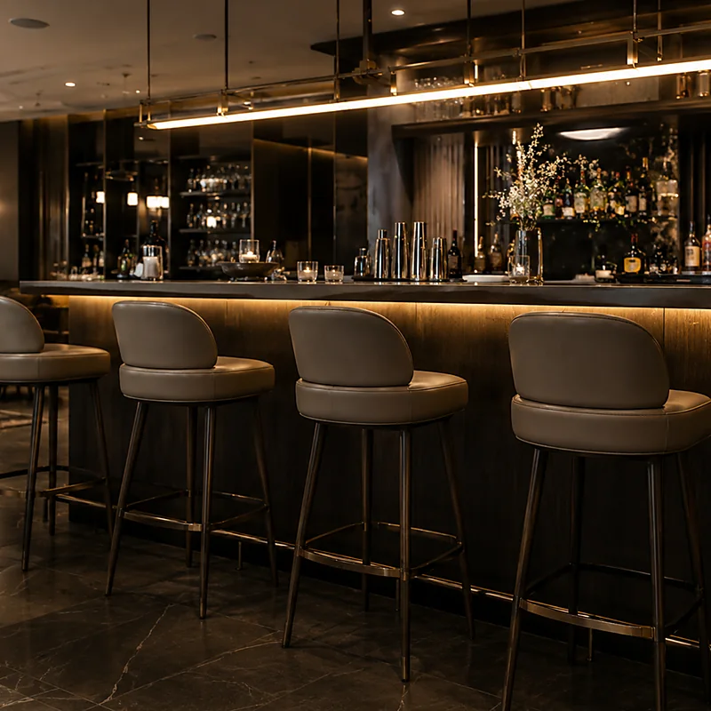 Row of leather bar stools along a backlit hotel bar counter