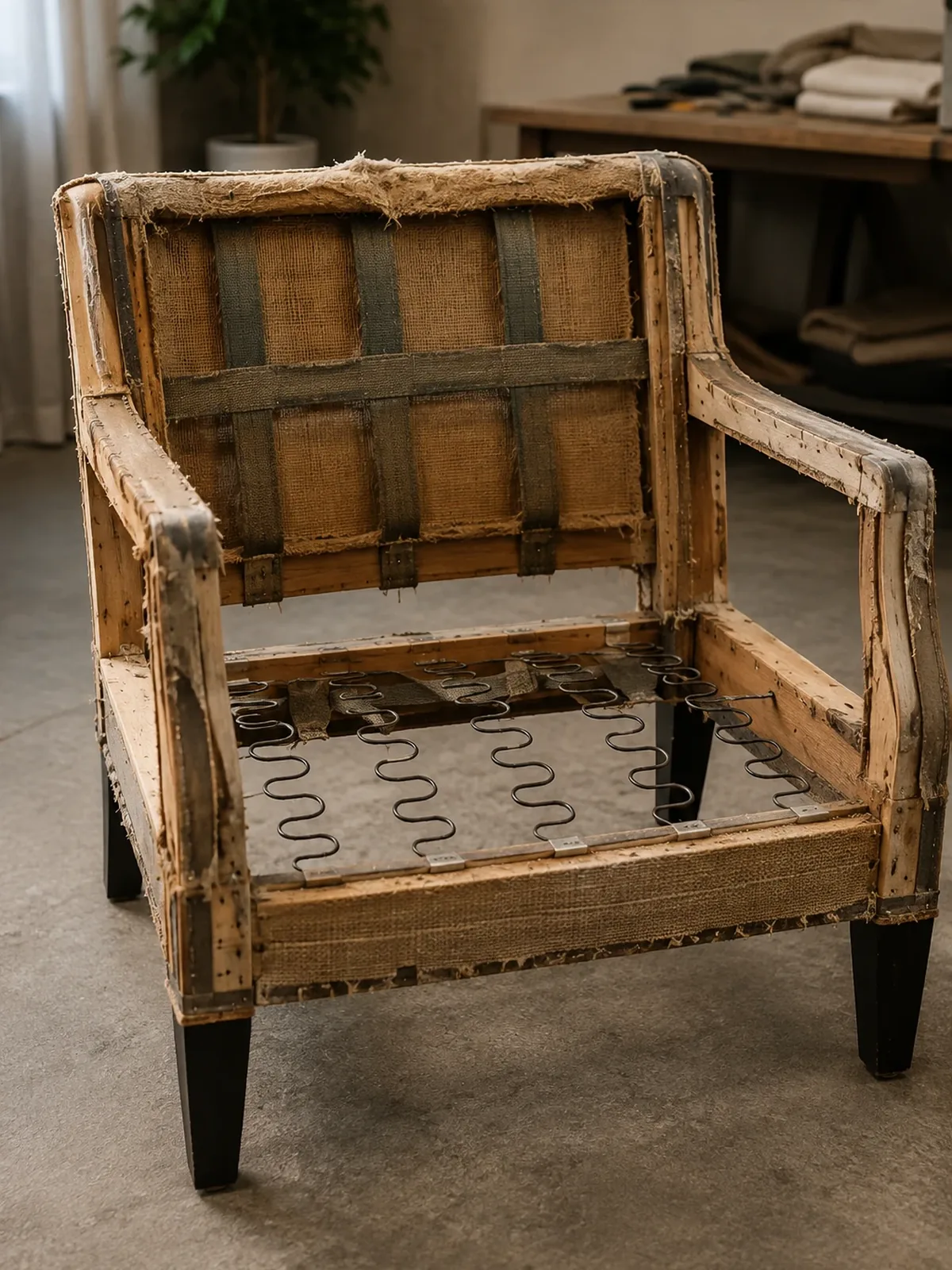 Hotel armchair stripped to the frame showing hessian webbing and zigzag seat springs
