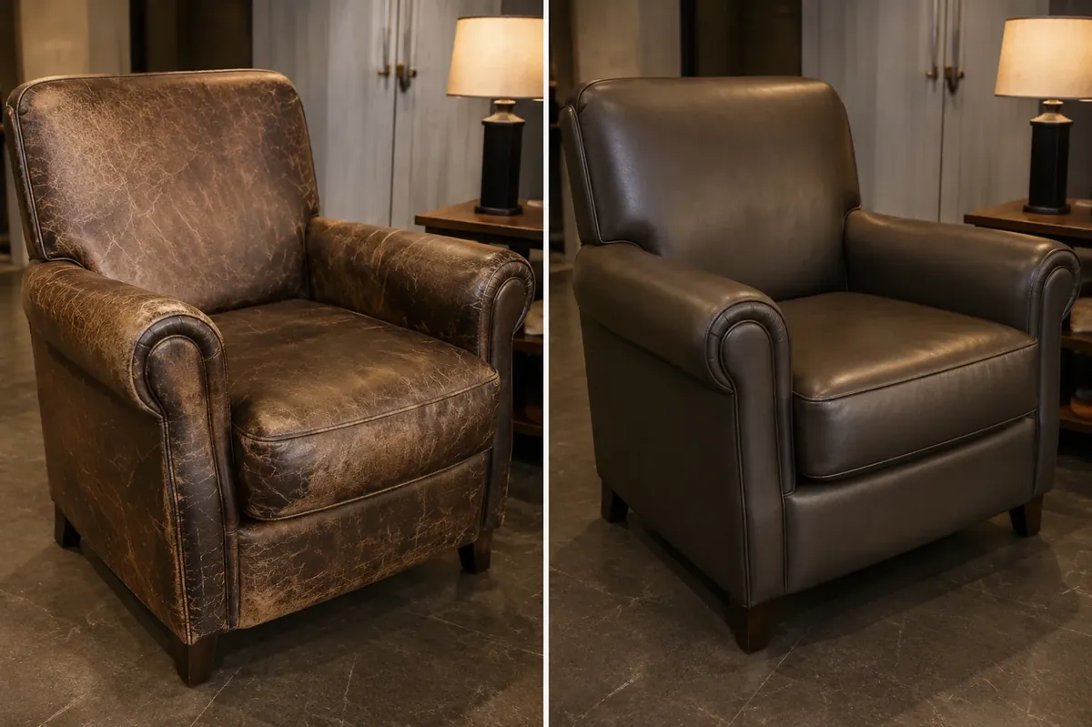 Brown leather club chair crazed and rubbed pale, beside the same chair in one even dark brown