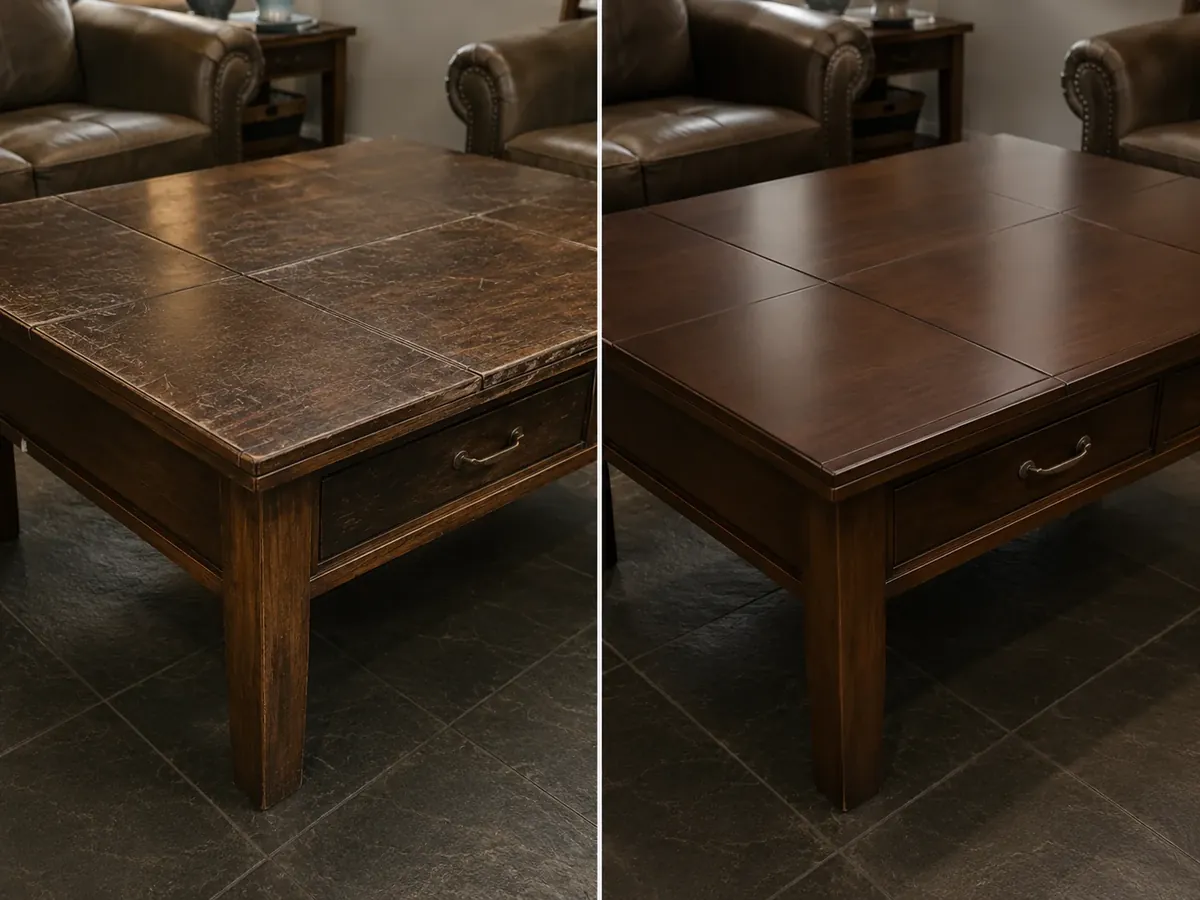 Wood hotel coffee table before and after restoration, scratched top refinished