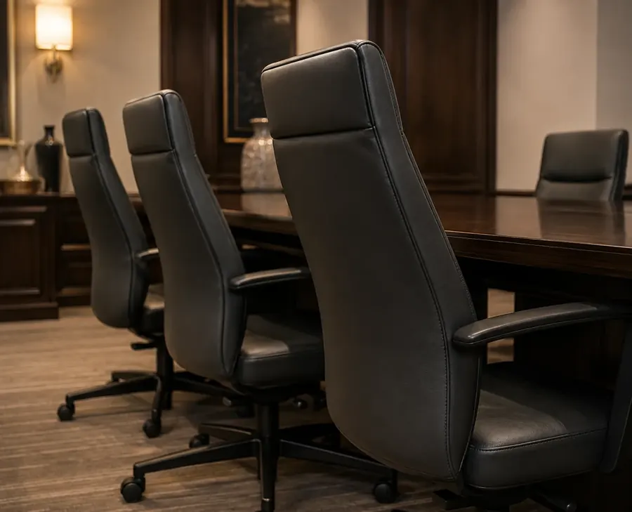 Black leather conference chairs pulled up to a boardroom table