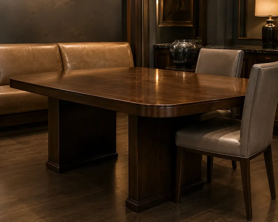 Long wooden table surrounded by upholstered chairs