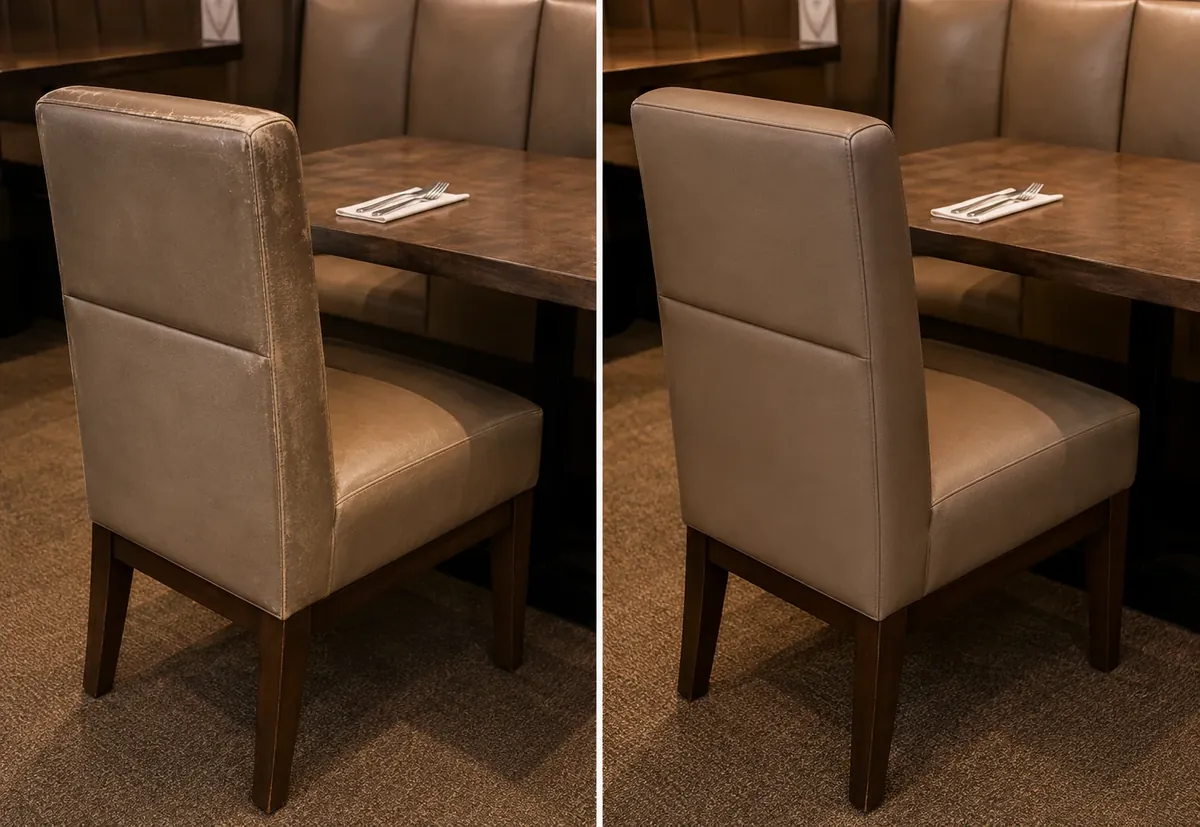 Hotel dining chairs before and after restoration, soiled upholstery cleaned and refinished