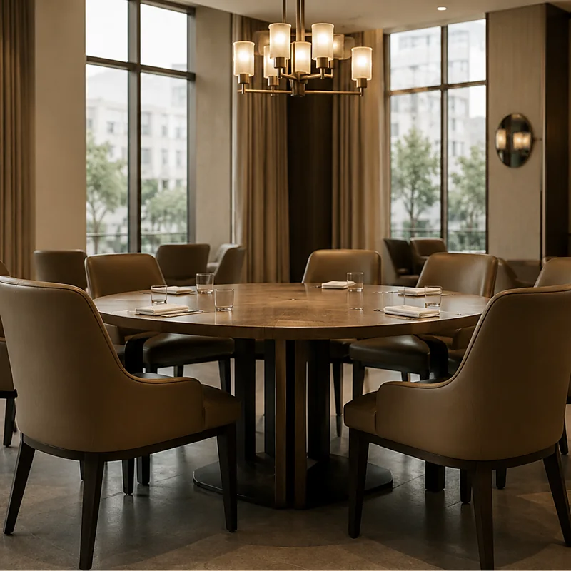 Leather dining chairs around a round table in a hotel meeting room