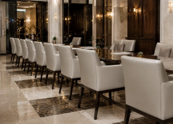 Row of cream leather dining chairs in a NYC hotel restaurant kept in matched condition