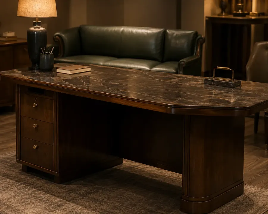 Finished wooden desk with an even sheen