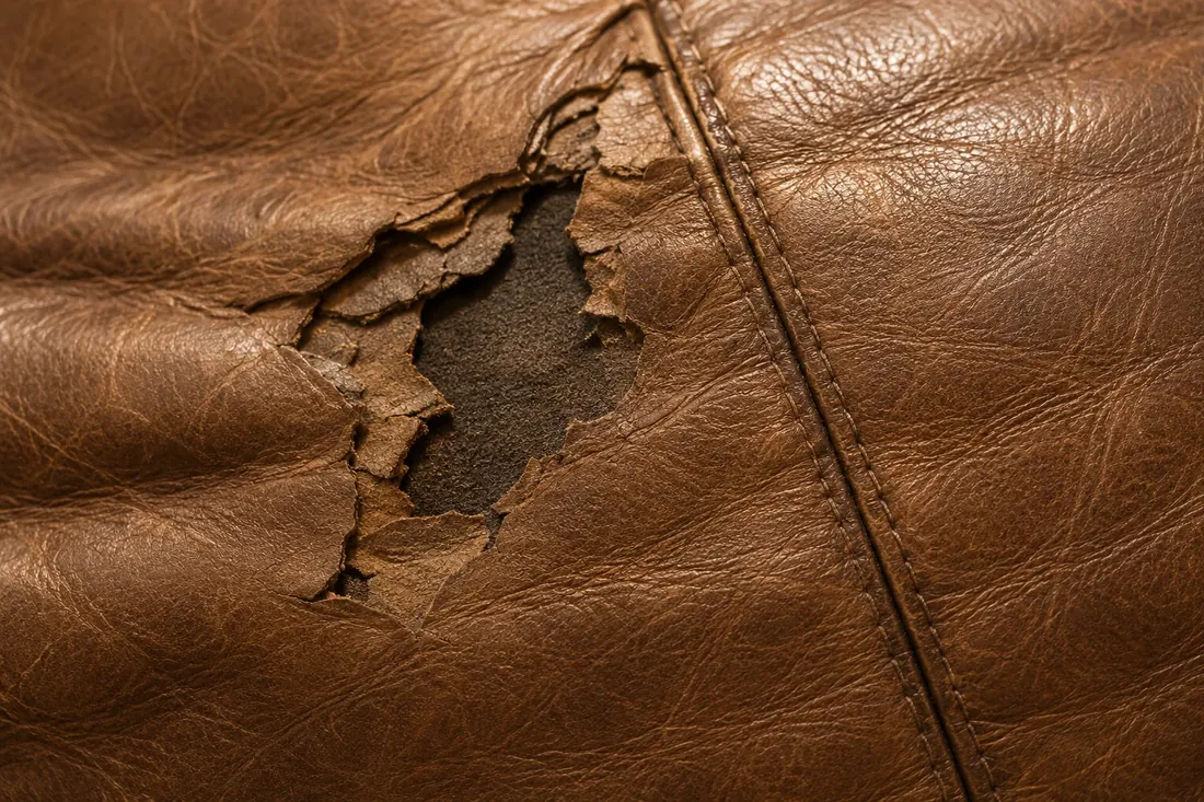 Torn brown leather cushion with a ragged hole beside the seam