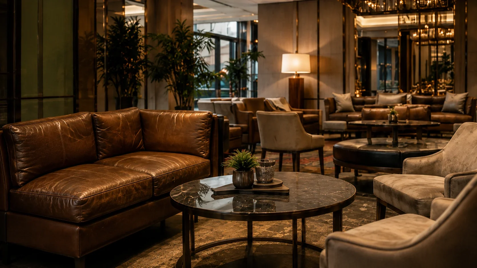 Hotel lobby seating area with leather chairs and sofas at night