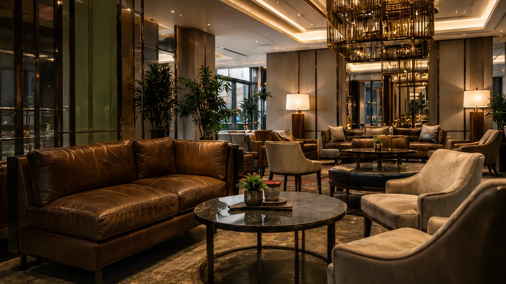 A hotel lounge with restored leather armchairs and a low table
