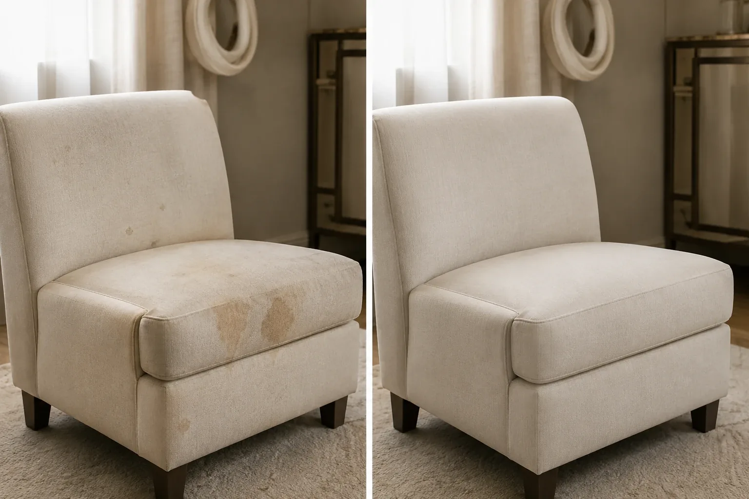 Cream fabric hotel guest room chair with staining before cleaning and clean after