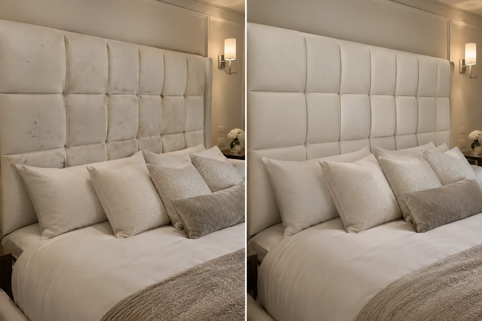 Cream padded hotel headboard marked across the panels before cleaning and even after