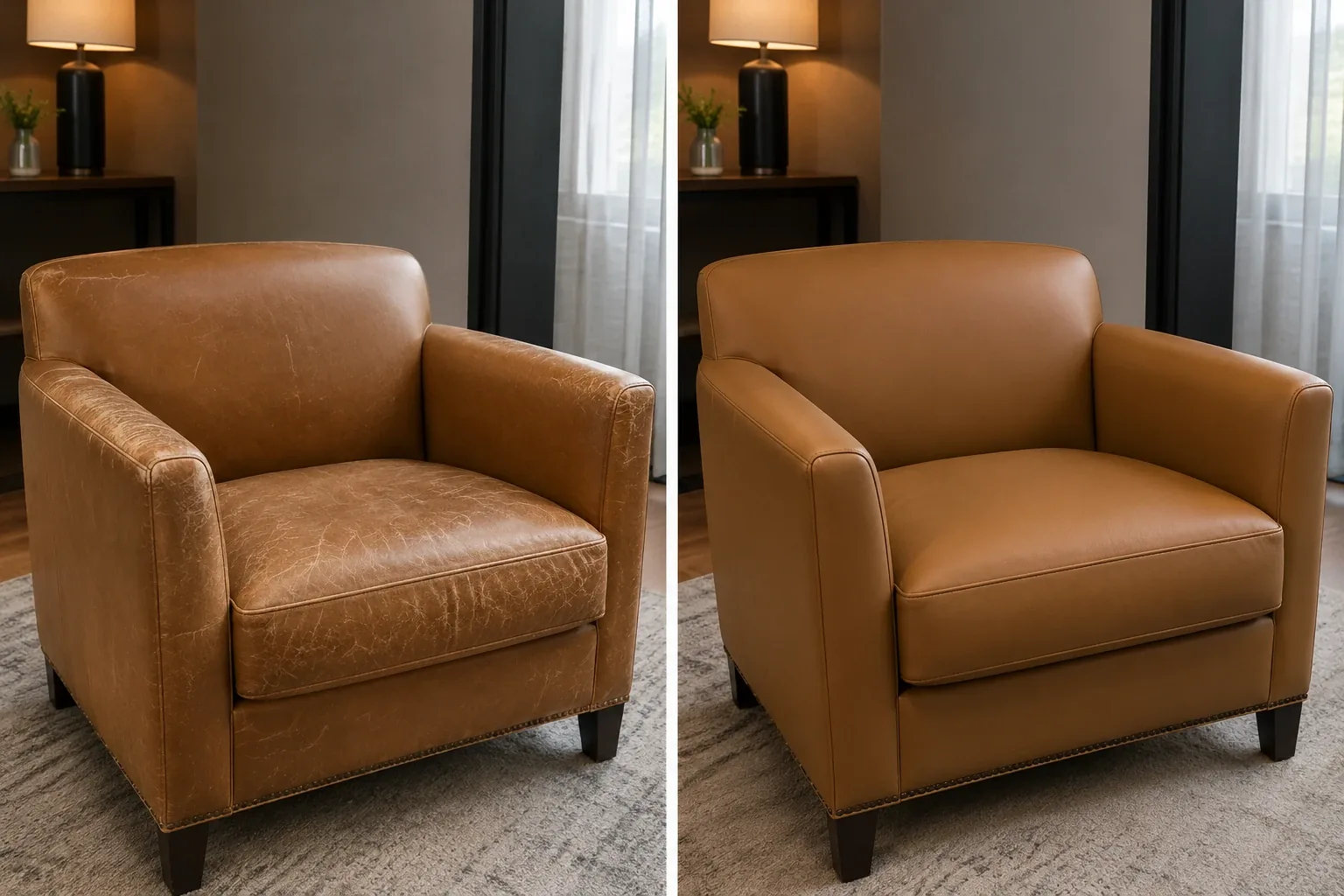 Tan leather hotel guest room armchair dry and cracked before recolouring and smooth after