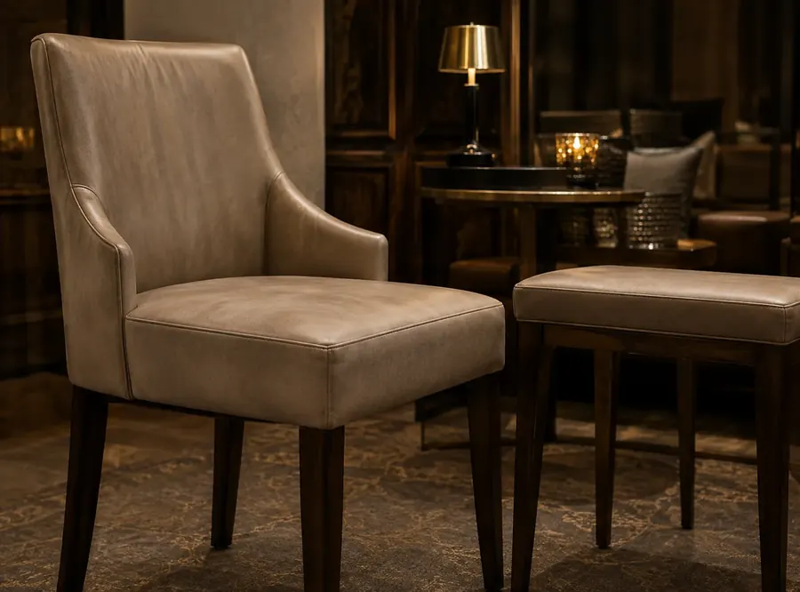 Pale upholstered side chair beside a guest room table