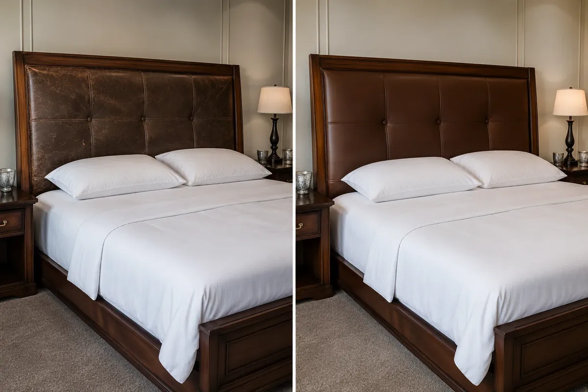 Hotel headboard before and after restoration, marked panel and wood frame refinished