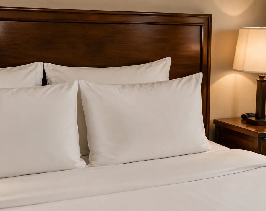 Dark wood and upholstered headboard behind a made hotel bed