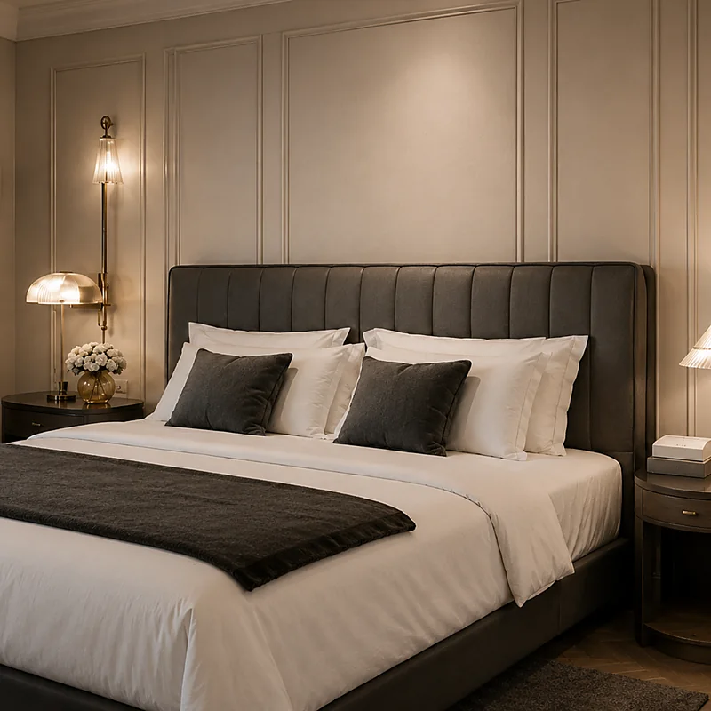 Channel-stitched upholstered headboard on a hotel guest room bed