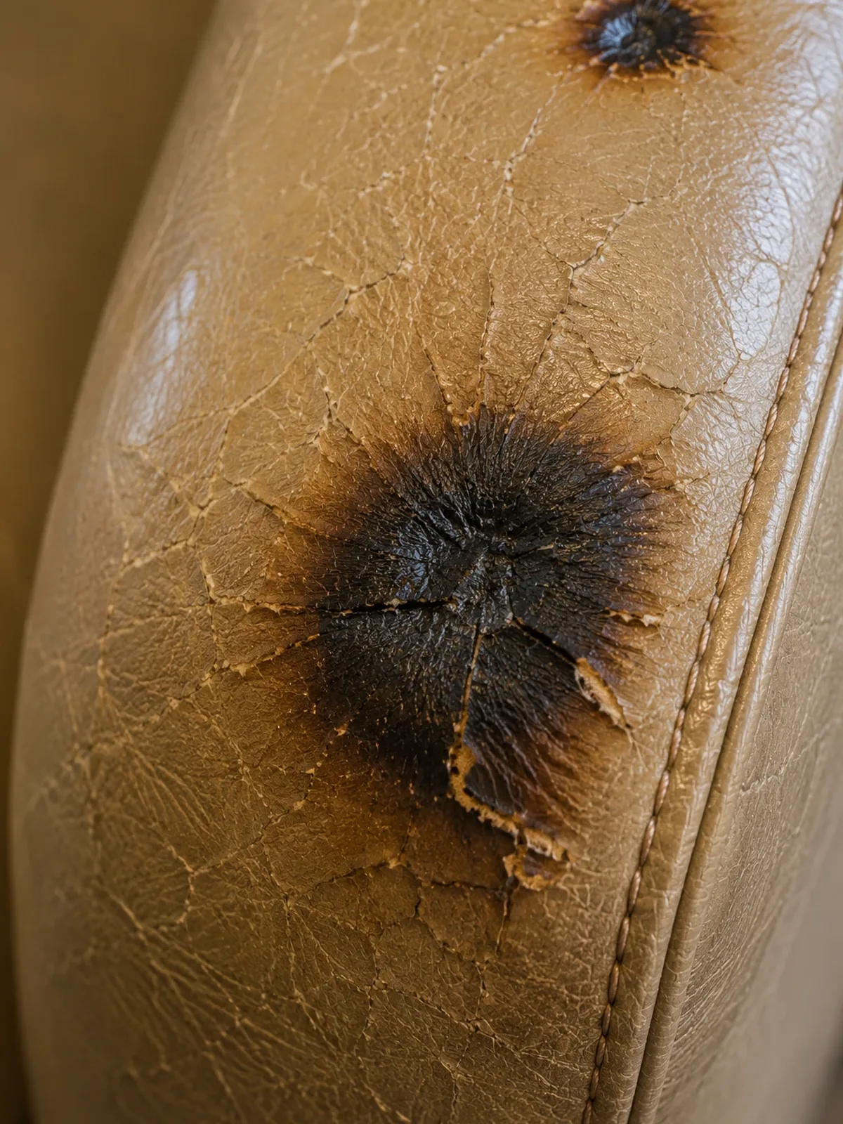 Charred cigarette burn on a tan leather chair arm with cracking spreading around it