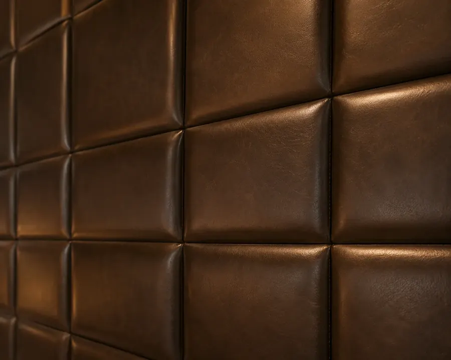 A tufted leather wall panel in a hotel interior after a section was replaced