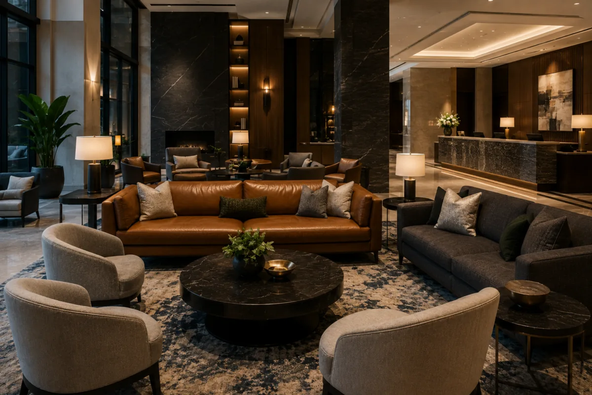 Leather and fabric lounge seating in a hotel lobby