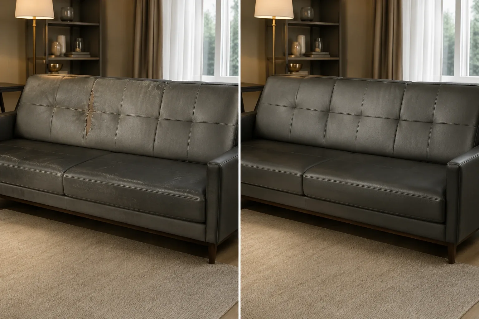 Charcoal leather hotel lobby sofa with a split back cushion before repair and closed after