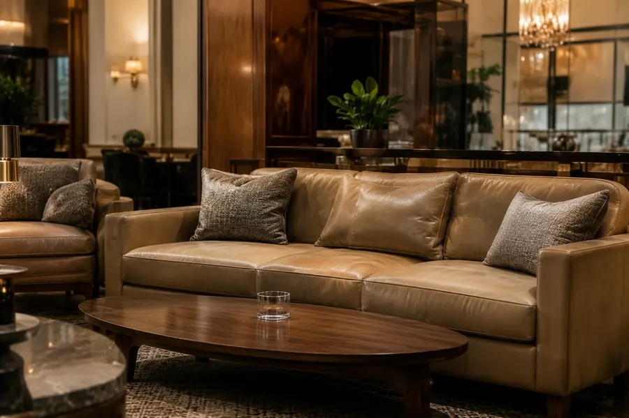 Long upholstered lobby sofa with cushions and a low wood table