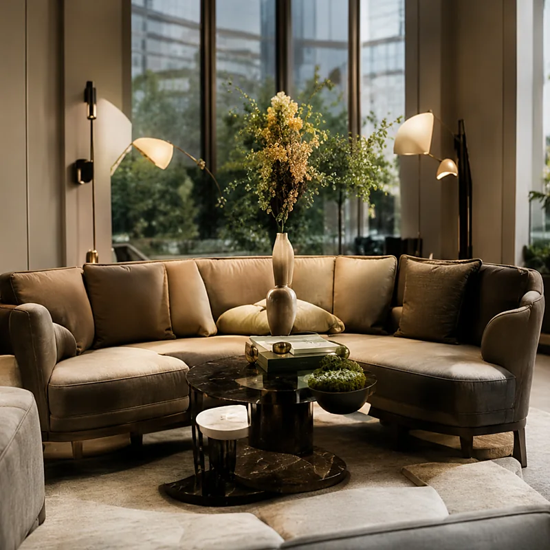 Curved beige leather sofa in a hotel lobby beside a floor-to-ceiling window