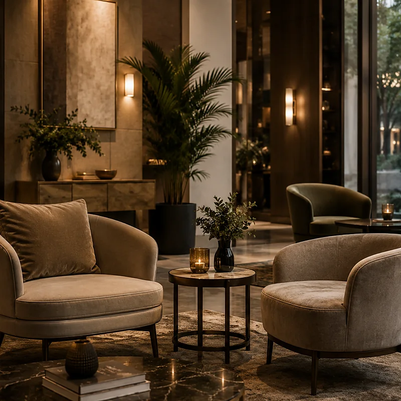 Two round leather lounge chairs and a marble side table in an evening hotel lobby