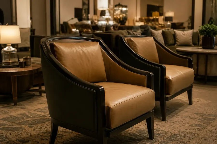 Pair of tan leather club chairs on dark wood frames in a hotel lounge