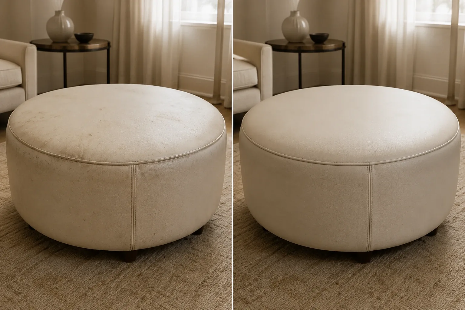 Cream leather round hotel lounge ottoman soiled on top before cleaning and even after