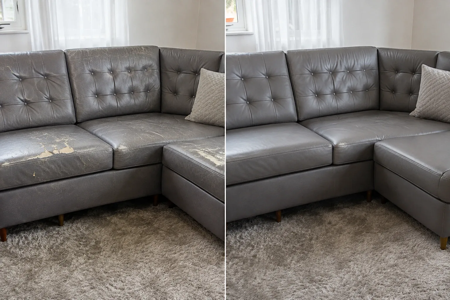 Grey leather hotel lounge sectional with flaked seat panels before repair and evenly refinished after