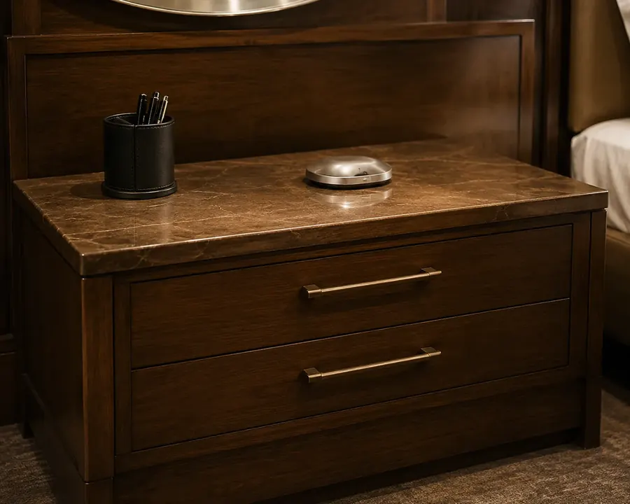 Wood credenza with a stone top and brass pulls in a guest room