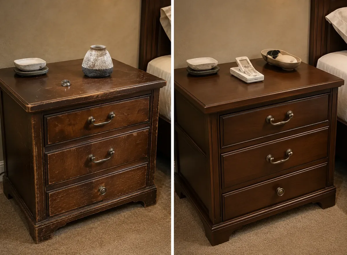 Wood hotel nightstand before and after restoration, water marks and scratches removed