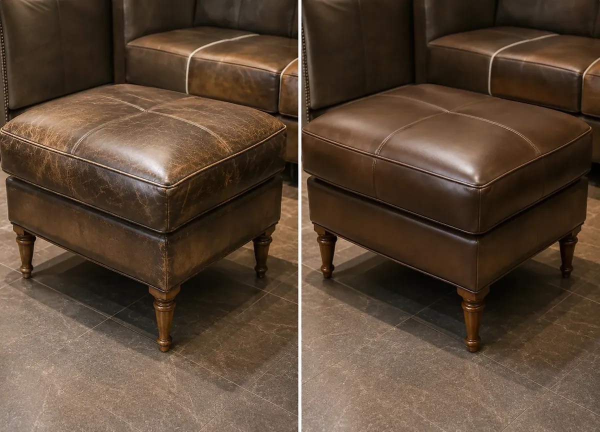 Leather ottoman before and after restoration, cracked top surface refinished