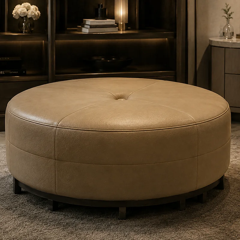 Round tan leather ottoman on a rug in a hotel lounge