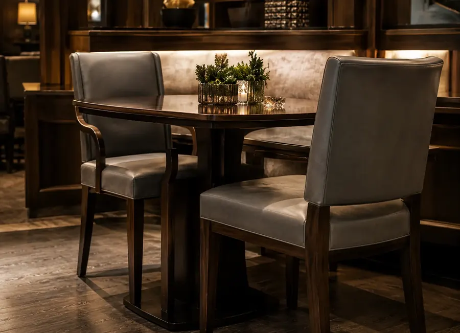 Hotel restaurant table with upholstered dining chairs and a banquette behind