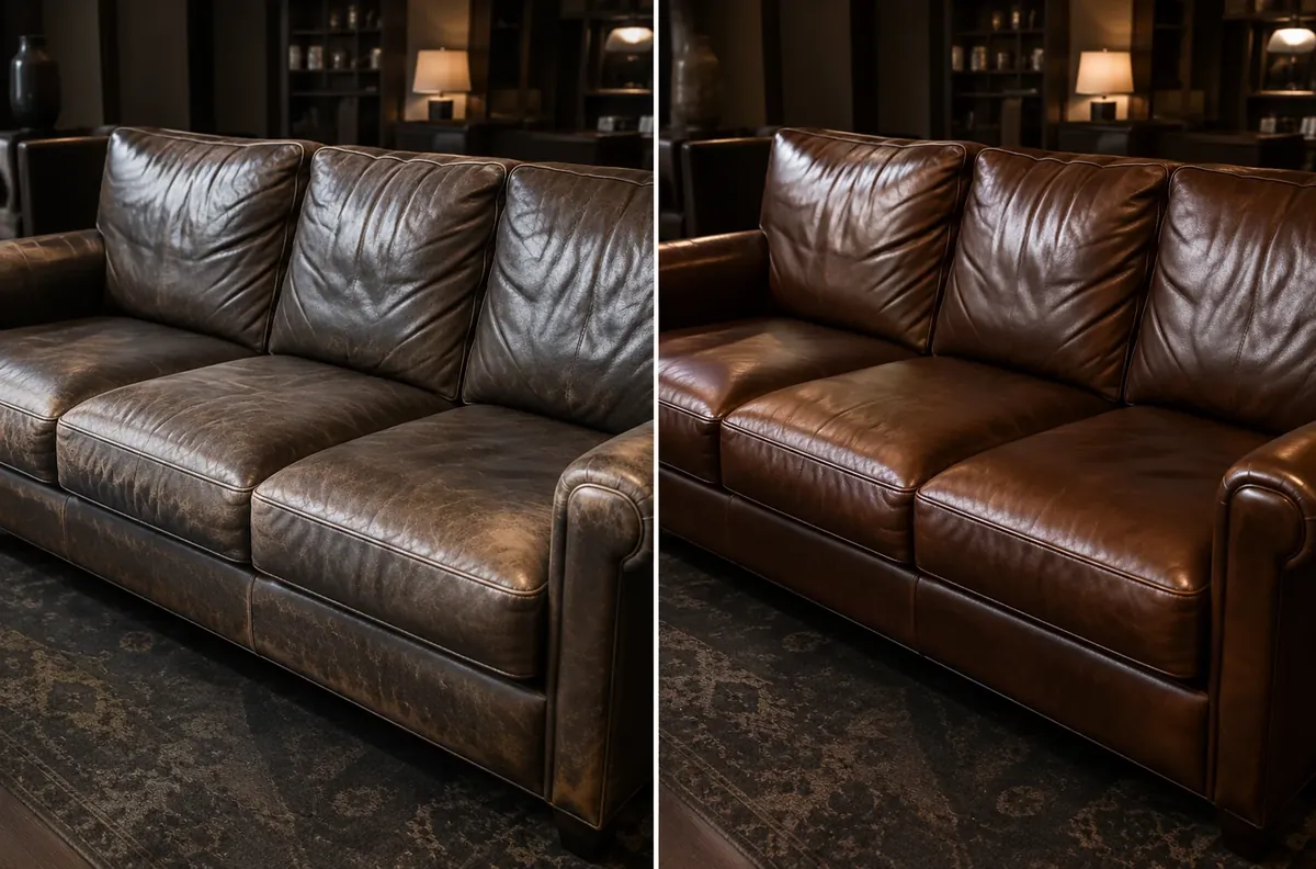 Hotel leather lobby sofa before and after restoration, dull worn colour brought back to an even tone