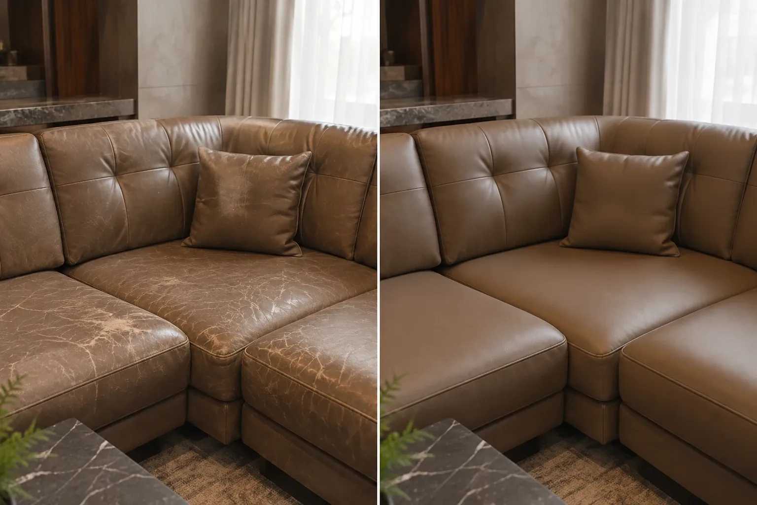 Brown leather hotel suite sectional with creased faded seats before restoration and even after