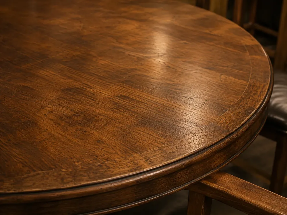 Warm brown wooden table top lit from one side