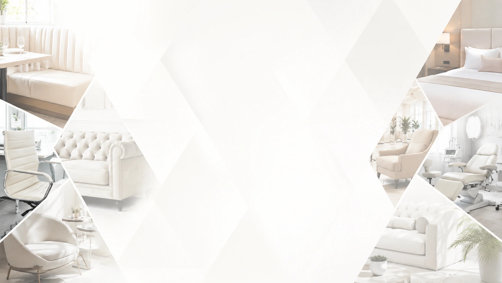 Furniture repair for businesses in NYC &mdash; a cream restaurant banquette, an office chair, a tufted sofa, a salon lounge chair, a hotel bed, a spa treatment chair and a lobby sectional served by Leather Restore Pro