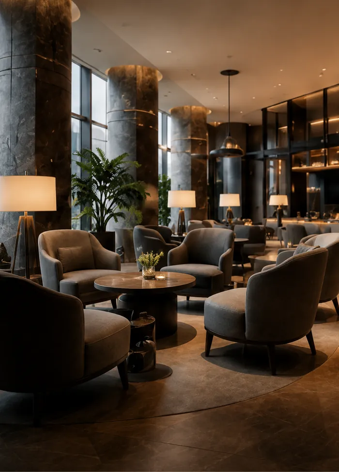 A hotel lobby lounge seating group in leather