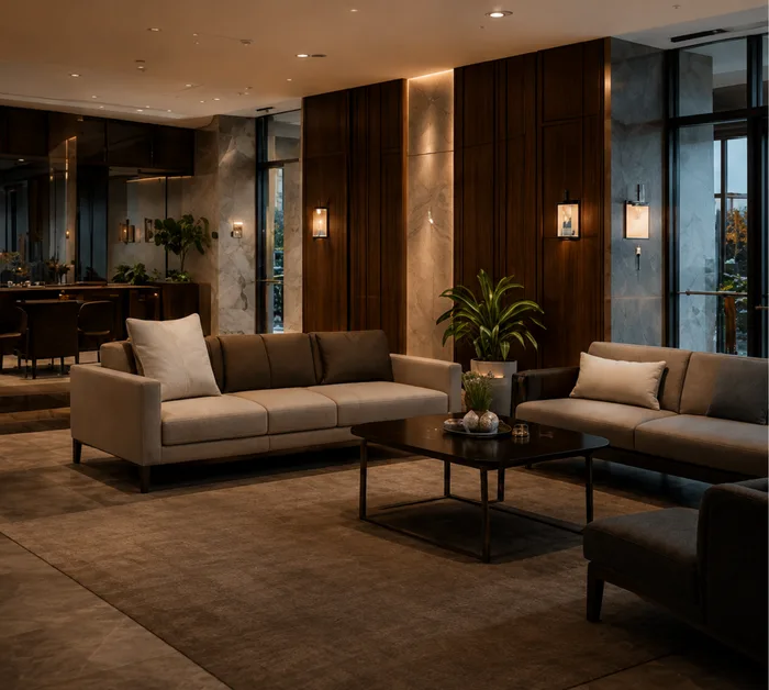 Lounge seating in a residential building lobby