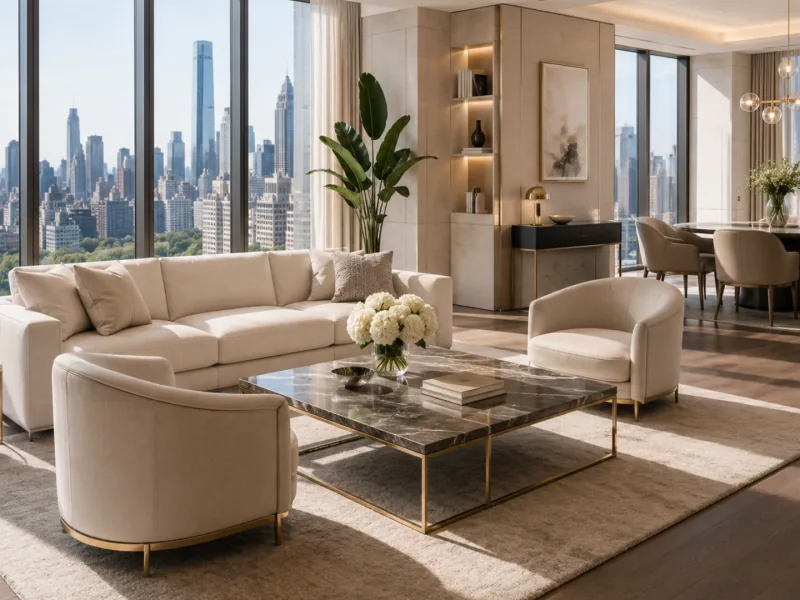 A staged apartment living room with leather furniture