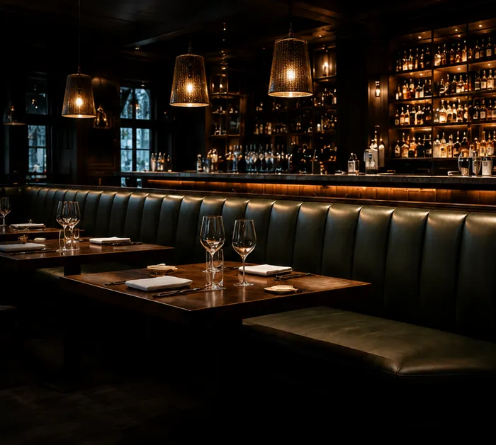 A restaurant dining room with leather banquette seating